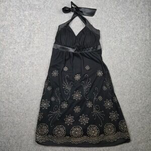 Y2K Taboo Halter Dress Womens M Black Glitter Floral Satin Trim VTG Made in USA